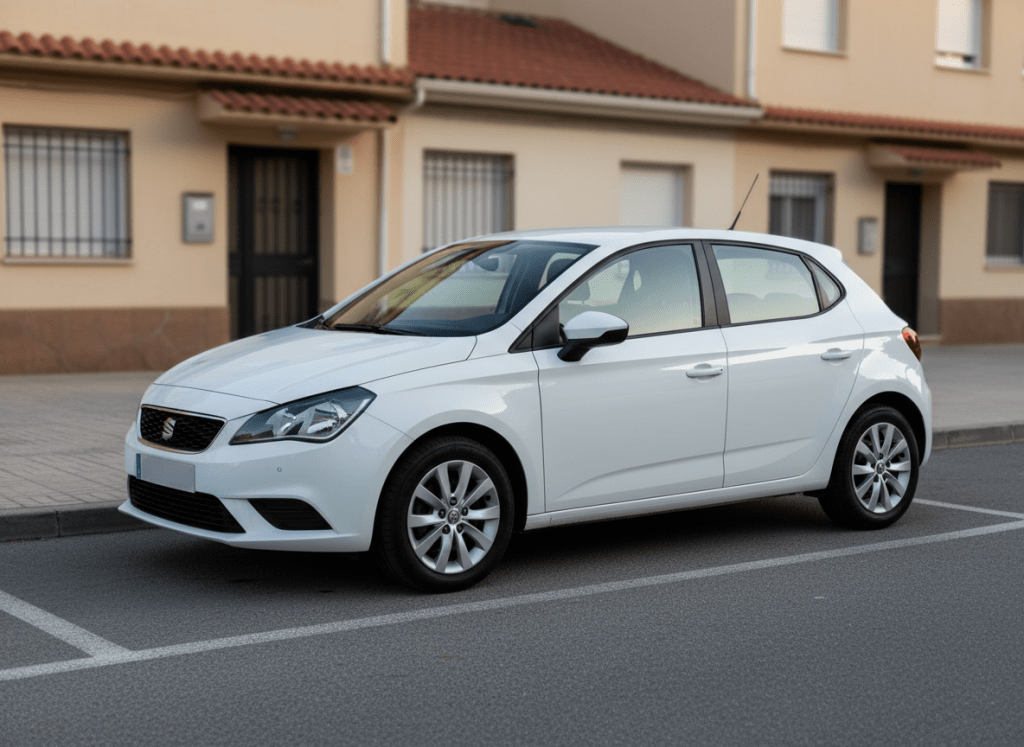 Un coche urbano blanco de tamaño compacto, modelo reciente pero claramente asequible, perfectamente limpio y reluciente, aparcado en batería frente a una fila de edificios residenciales típicos españoles con fachadas en tonos crema y tejas rojizas. El asfalto muestra ligeras marcas de uso y líneas de aparcamiento bien definidas. Luz natural de última hora de la tarde, ligeramente cálida, marcando reflejos suaves en la chapa y en los cristales, con sombras largas pero delicadas. Composición fotográfica a la altura del coche, con el vehículo ocupando el tercio derecho siguiendo la regla de los tercios, fondo ligeramente desenfocado para centrar la atención. Estilo de realismo fotográfico, limpio y profesional, transmitiendo sensación de oportunidad accesible y compra inteligente en España.