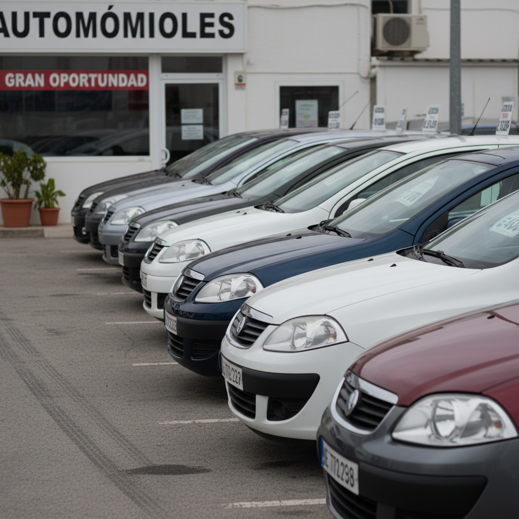 Una fila ordenada de coches baratos de segunda mano, de colores variados pero discretos (gris, azul oscuro, blanco y rojo vino), alineados en un pequeño concesionario local con letras en español en los carteles de fondo, visibles pero desenfocados. Cada coche muestra discretos carteles en el parabrisas con precios atractivos en euros y palabras como “oferta” y “ocasión” claramente legibles. La escena está bañada por una luz diurna suave y ligeramente nublada, que evita brillos excesivos y deja detalles claros en la carrocería usada pero bien cuidada. Composición fotográfica en ligera vista en diagonal, creando profundidad con la fila de vehículos que se pierde hacia el fondo. Ambiente profesional, confiable y práctico, con estética realista y moderna centrada en el mundo de los coches económicos en España.