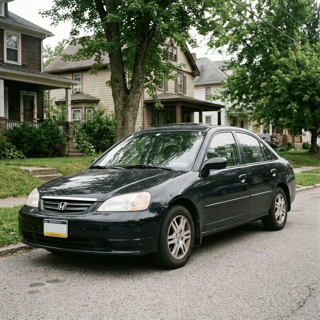 Dark blue Honda Civic sedan parked on a residential street with houses and trees.