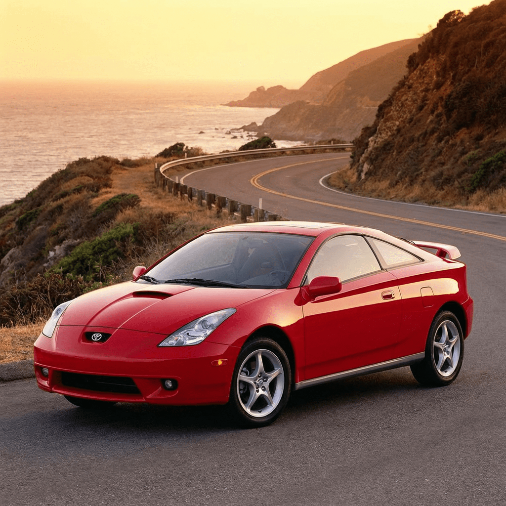 Red Toyota Celica sports car parked on a winding coastal road at sunset.