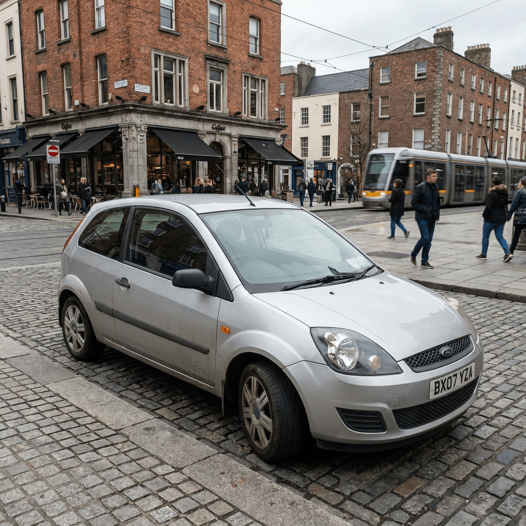 Silver Ford Fiesta parked on cobblestones with a tram and city buildings in background.