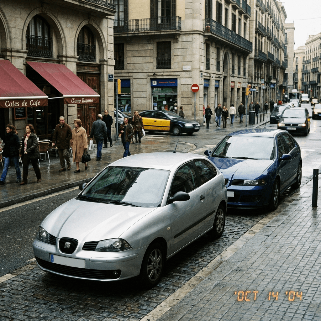 Silver SEAT car parked on a cobblestone street near people walking past a cafe.