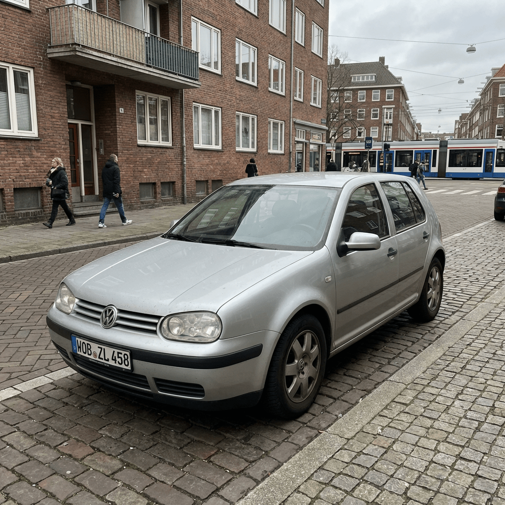 Silver Volkswagen Golf parked on a cobblestone street with license plate WOB ZL 458.