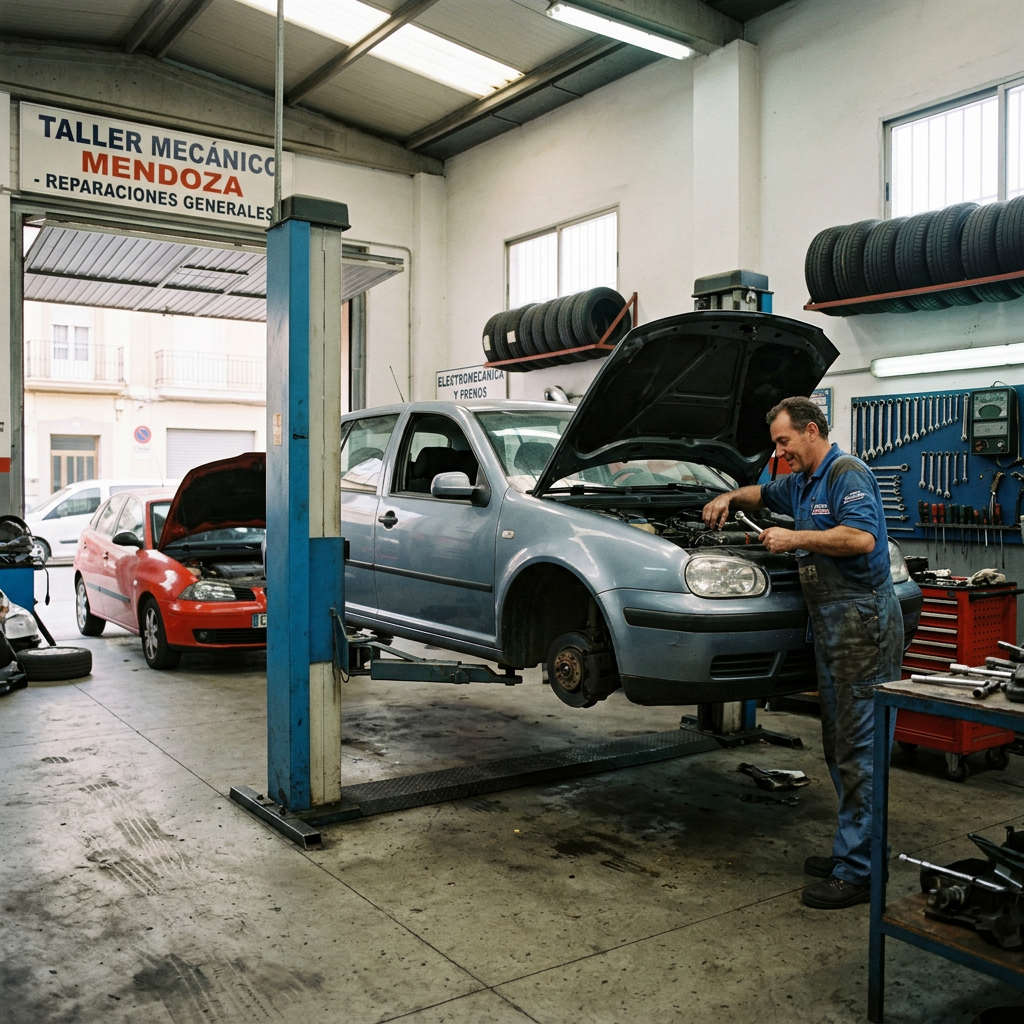 Mechanic fixing engine of silver car on lift inside auto repair shop